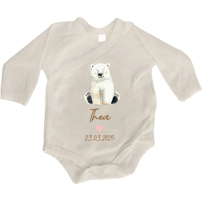 Baby Body Langarm mit Name & Geburtsdatum | Wickelbody aus Bio-Baumwolle | Tierparty - Eisbär