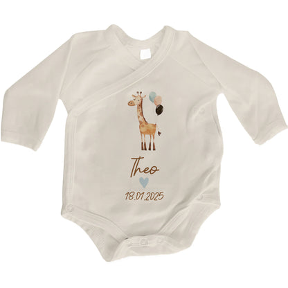 Baby Body Langarm mit Name & Geburtsdatum | Wickelbody aus Bio-Baumwolle | Tierparty - Giraffe