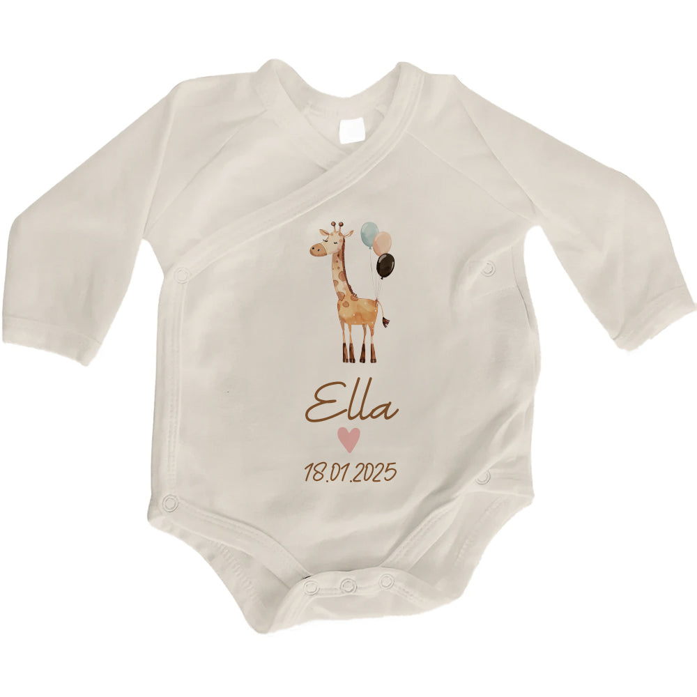 Baby Body Langarm mit Name & Geburtsdatum | Wickelbody aus Bio-Baumwolle | Tierparty - Giraffe