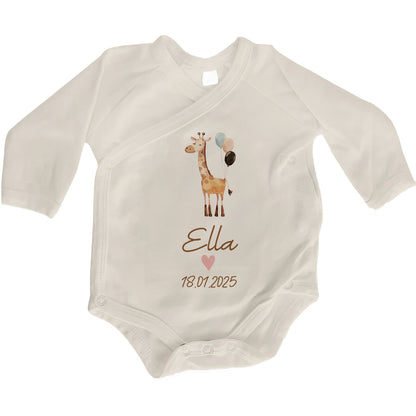 Baby Body Langarm mit Name & Geburtsdatum | Wickelbody aus Bio-Baumwolle | Tierparty - Giraffe