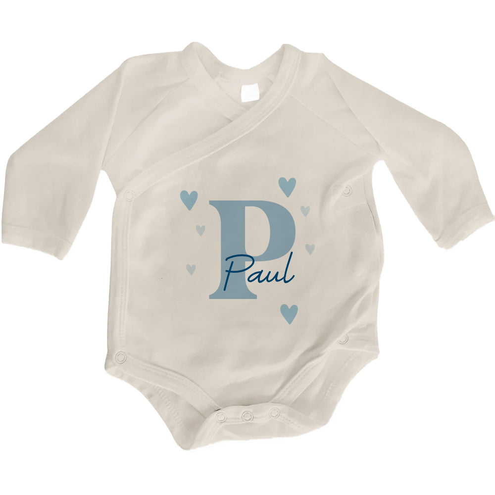 Baby Body Langarm mit Name |  Wickelbody aus Bio-Baumwolle | Initiale in blau
