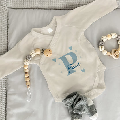Baby Body Langarm mit Name |  Wickelbody aus Bio-Baumwolle | Initiale in blau