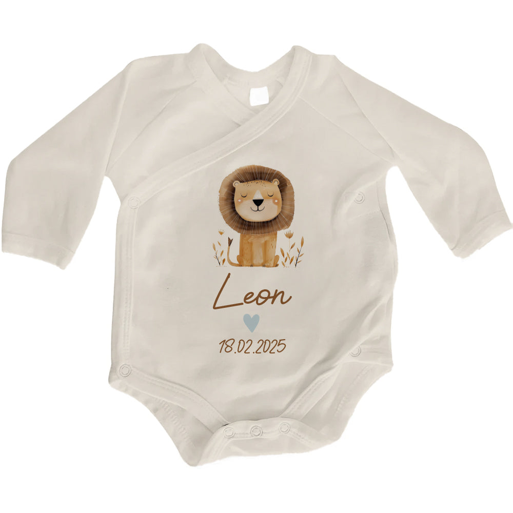 Baby Body Langarm mit Name & Geburtsdatum | Wickelbody aus Bio-Baumwolle | Tierparty - Löwe