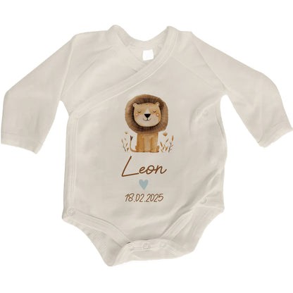 Baby Body Langarm mit Name & Geburtsdatum | Wickelbody aus Bio-Baumwolle | Tierparty - Löwe