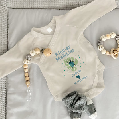 Baby Body Langarm mit Name & Datum | Wickelbody aus Bio-Baumwolle | Kleiner Maikäfer in Blau
