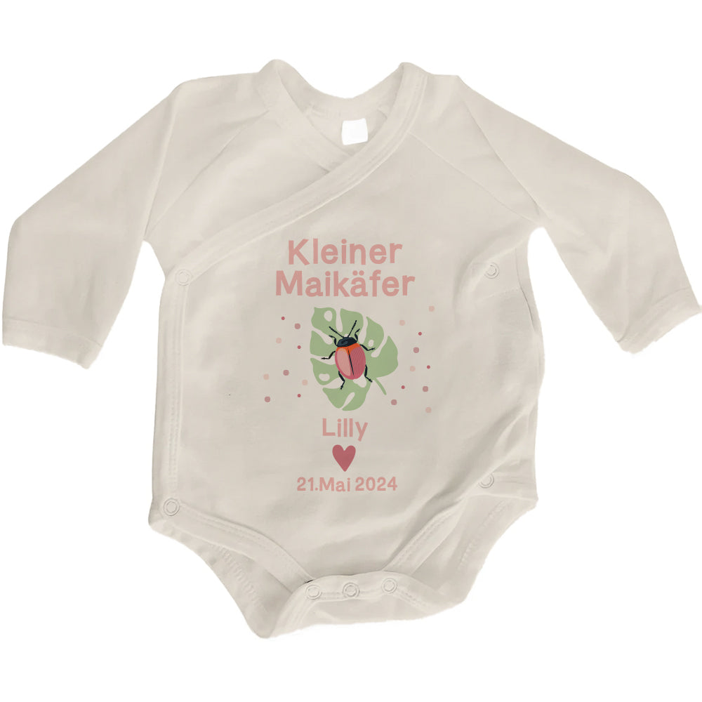 Baby Body Langarm mit Name & Datum | Wickelbody aus Bio-Baumwolle | Kleiner Maikäfer in Rosa