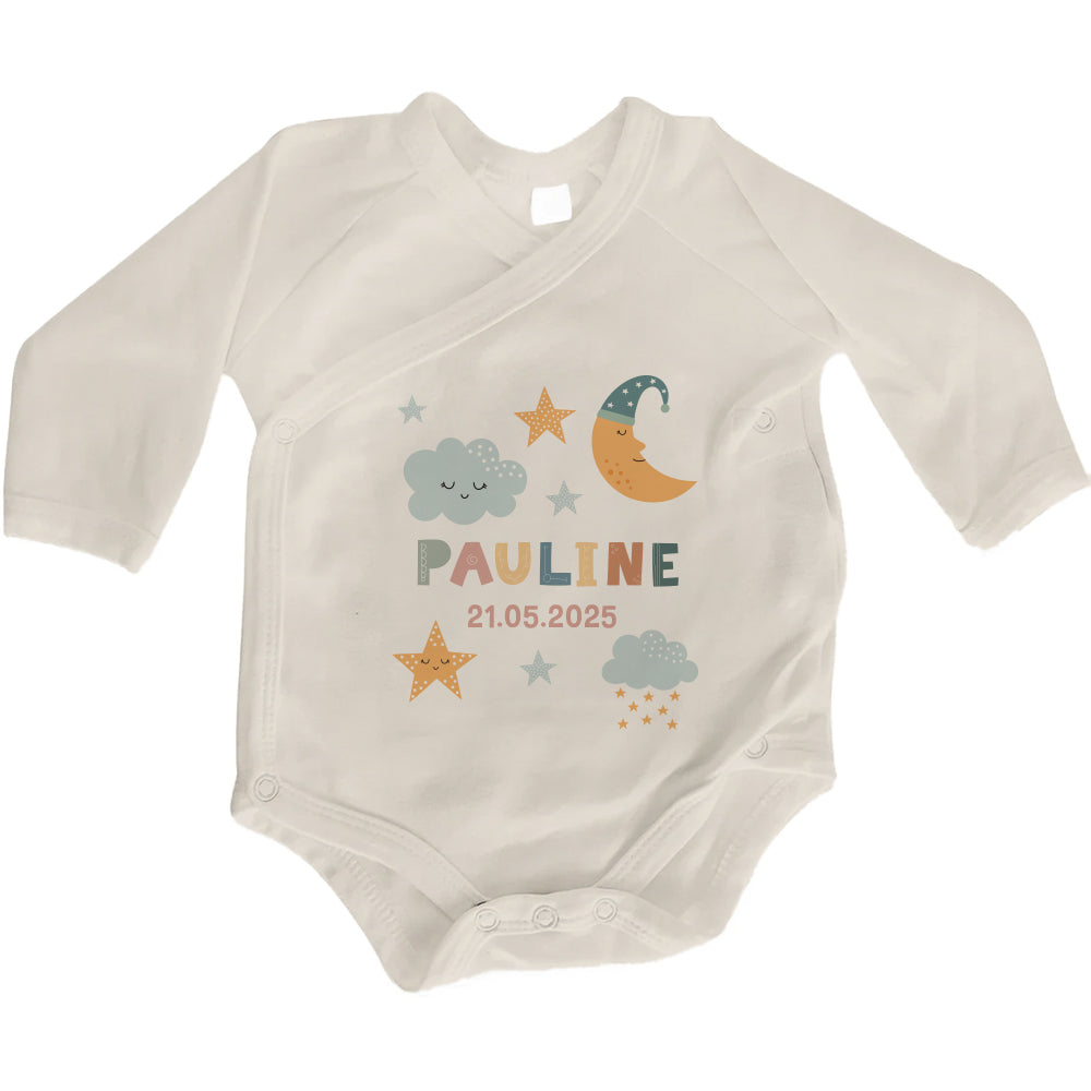 Baby Body Langarm mit Name & Geburtsdatum | Wickelbody aus Bio-Baumwolle | Mond & Sterne