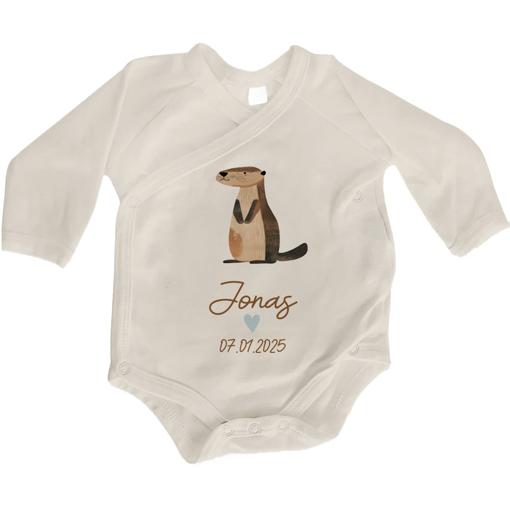Baby Body Langarm mit Name & Geburtsdatum | Wickelbody aus Bio-Baumwolle | Tierparty - Otter