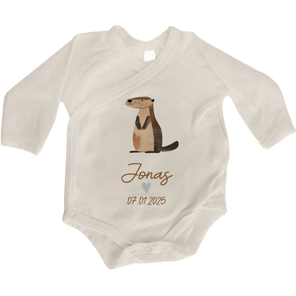 Baby Body Langarm mit Name & Geburtsdatum | Wickelbody aus Bio-Baumwolle | Tierparty - Otter
