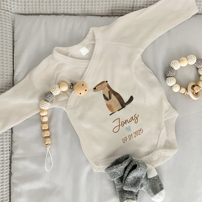 Baby Body Langarm mit Name & Geburtsdatum | Wickelbody aus Bio-Baumwolle | Tierparty - Otter