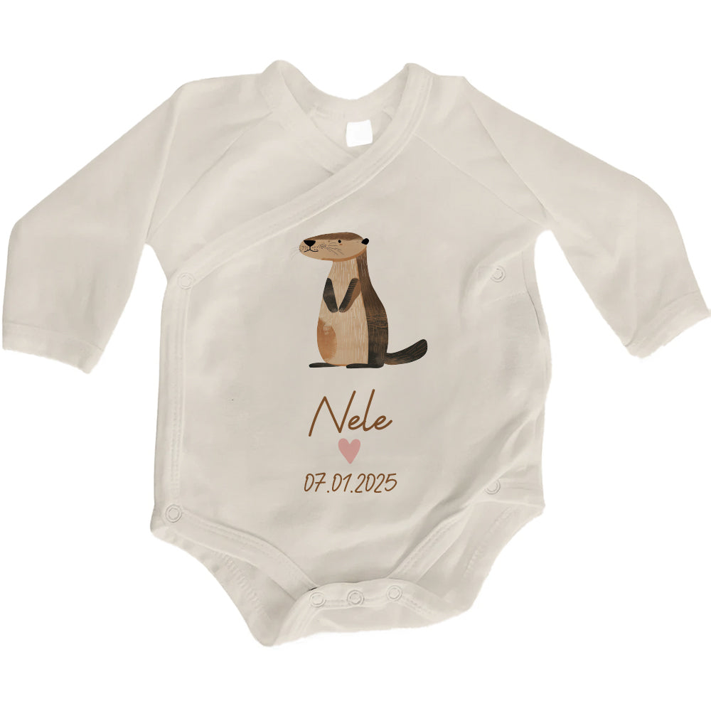 Baby Body Langarm mit Name & Geburtsdatum | Wickelbody aus Bio-Baumwolle | Tierparty - Otter
