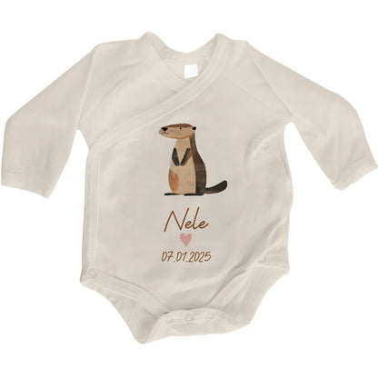 Baby Body Langarm mit Name & Geburtsdatum | Wickelbody aus Bio-Baumwolle | Tierparty - Otter