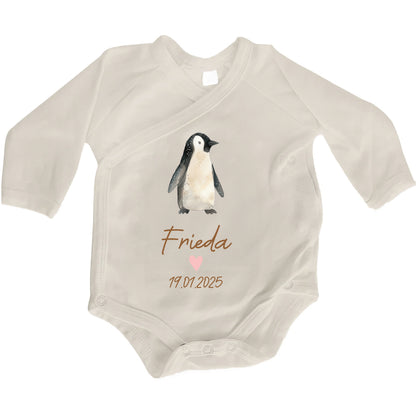 Baby Body Langarm mit Name & Geburtsdatum | Wickelbody aus Bio-Baumwolle | Tierparty - Pinguin