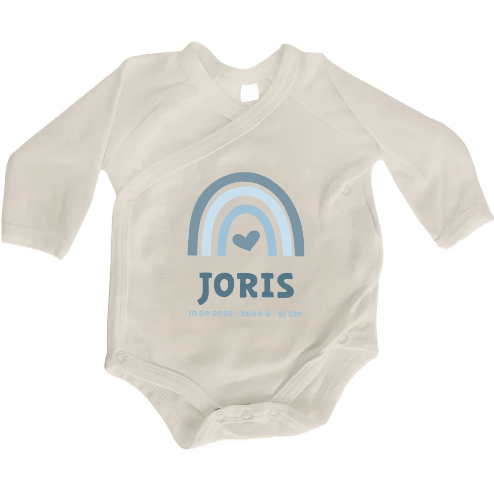 Baby Body Langarm mit Name & Geburtsdaten | Wickelbody aus Bio-Baumwolle | Regenbogen Blau