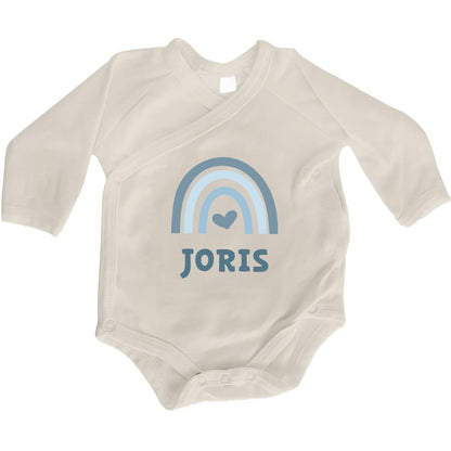 Baby Body Langarm mit Name & Geburtsdaten | Wickelbody aus Bio-Baumwolle | Regenbogen Blau