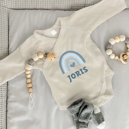 Baby Body Langarm mit Name & Geburtsdaten | Wickelbody aus Bio-Baumwolle | Regenbogen Blau