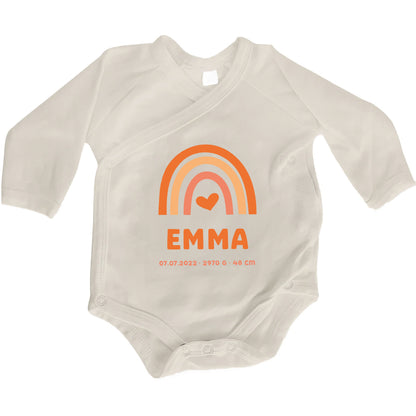 Baby Body Langarm mit Name & Geburtsdaten | Wickelbody aus Bio-Baumwolle | Regenbogen Gelb