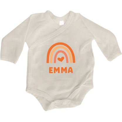 Baby Body Langarm mit Name & Geburtsdaten | Wickelbody aus Bio-Baumwolle | Regenbogen Gelb