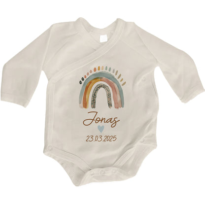 Baby Body Langarm mit Name & Geburtsdatum | Wickelbody aus Bio-Baumwolle | Boho Regenbogen