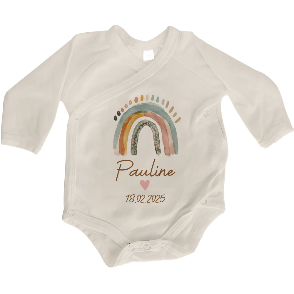 Baby Body Langarm mit Name & Geburtsdatum | Wickelbody aus Bio-Baumwolle | Boho Regenbogen