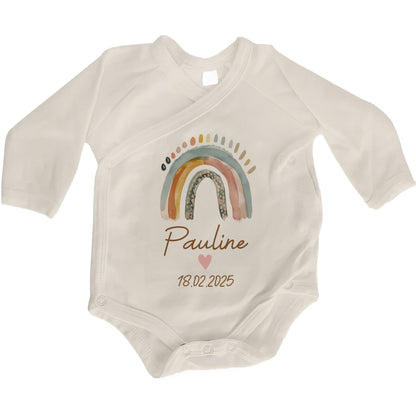 Baby Body Langarm mit Name & Geburtsdatum | Wickelbody aus Bio-Baumwolle | Boho Regenbogen