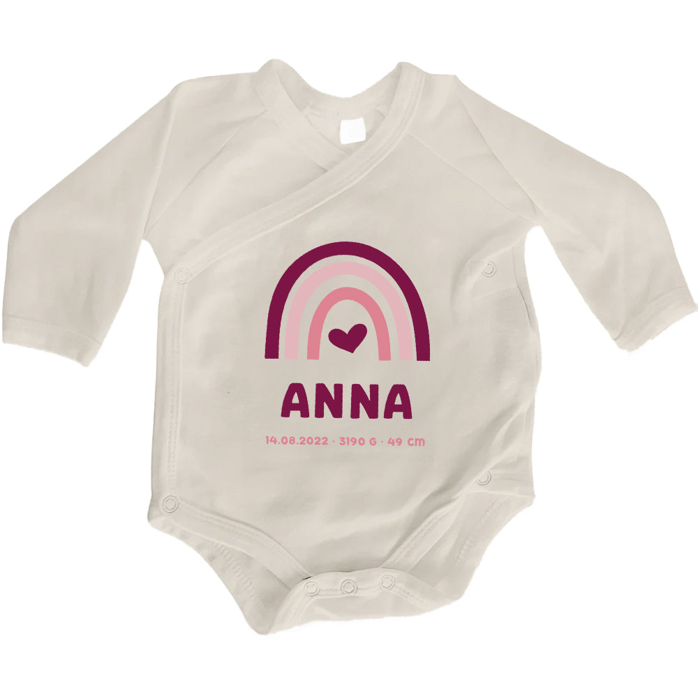 Baby Body Langarm mit Name & Geburtsdaten | Wickelbody aus Bio-Baumwolle | Regenbogen Pink