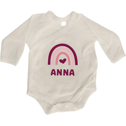 Baby Body Langarm mit Name & Geburtsdaten | Wickelbody aus Bio-Baumwolle | Regenbogen Pink