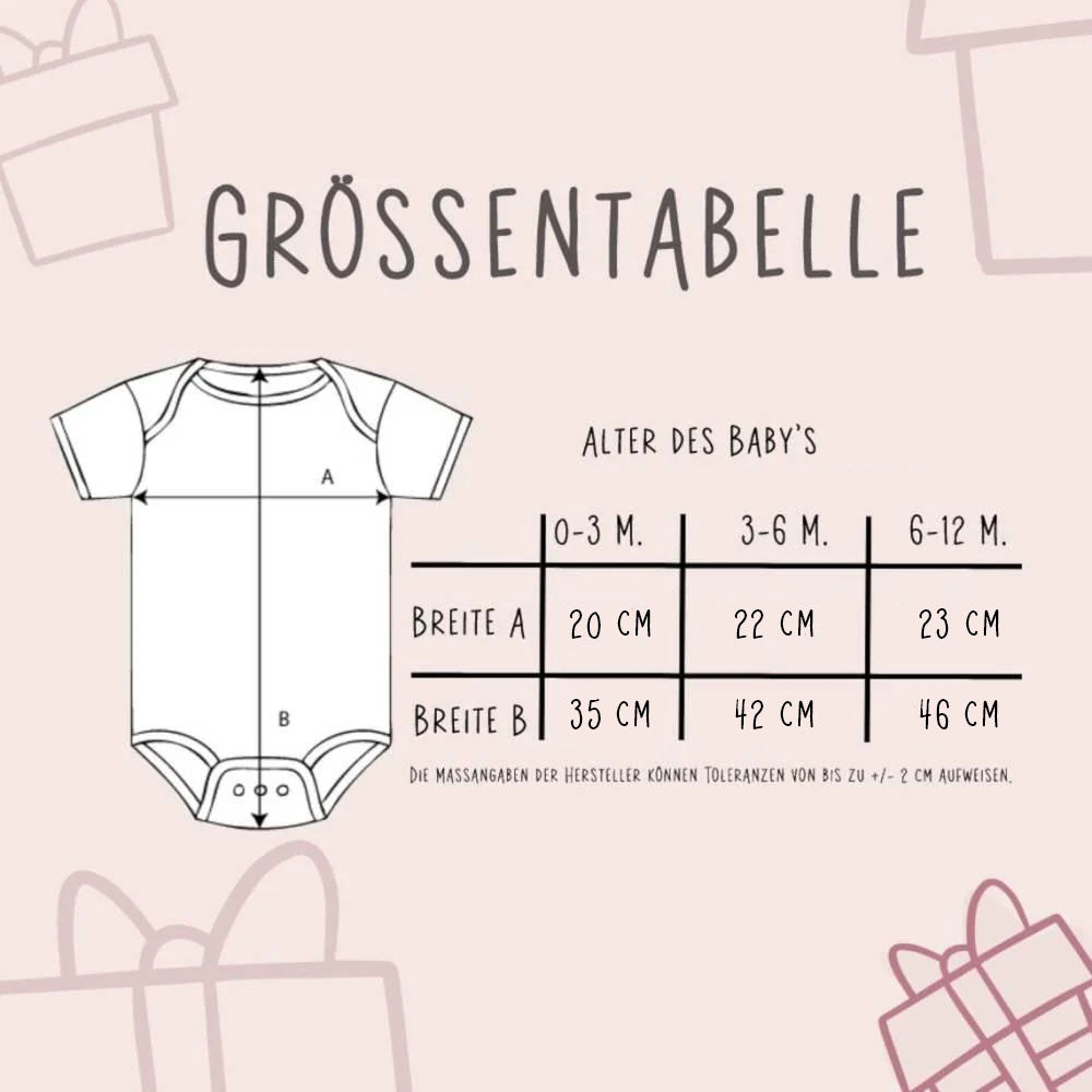 Größentabelle für Babybodys mit Zeichnung und Maßen für 0–3, 3–6 und 6–12 Monate in Breite und Länge in Zentimetern.