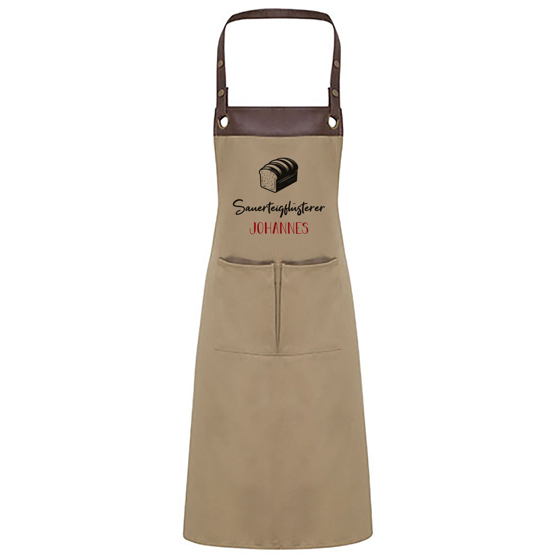 Backschürze in Beige mit Brotmotiv und Namensaufdruck Sauerteigflüsterer Johannes auf weißem Hintergrund