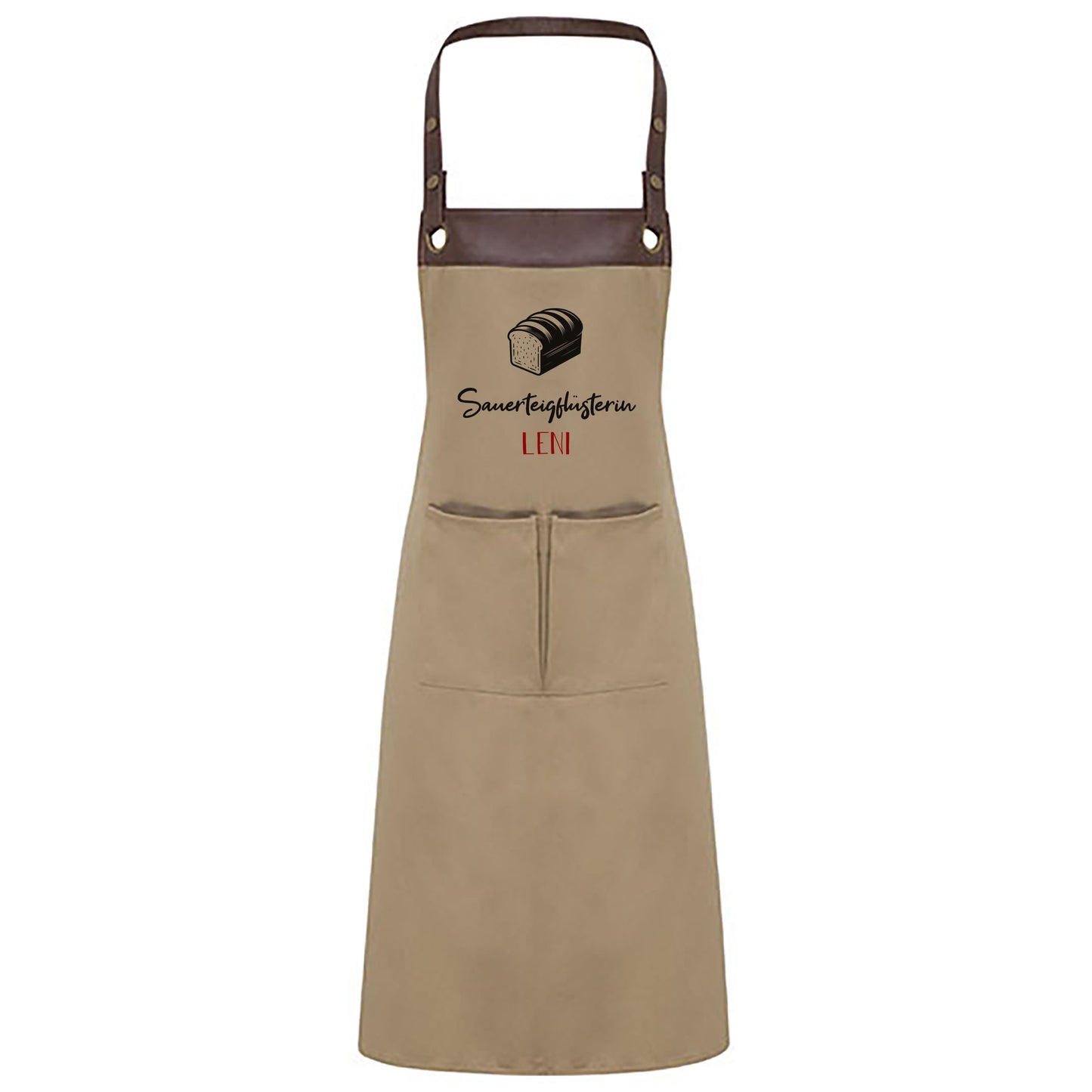 Backschürze in Beige mit Lederriemen und Aufdruck Sauerteigflüsterin