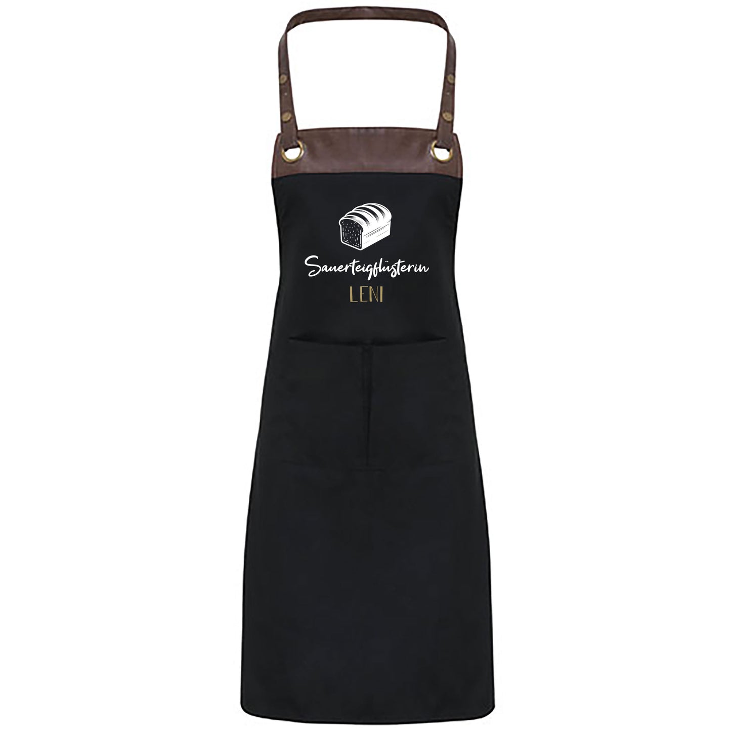 Backschürze in Schwarz mit Lederriemen und Aufdruck Sauerteigflüsterin