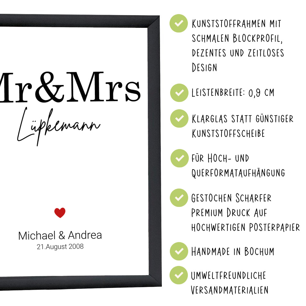 Personalisiertes Wandbild | mit Wunschnamen | Datum | Mr. + Mrs. | DIN A4 | mit Rahmen und Echtglas | Poster als Geschenk zur Hochzeit