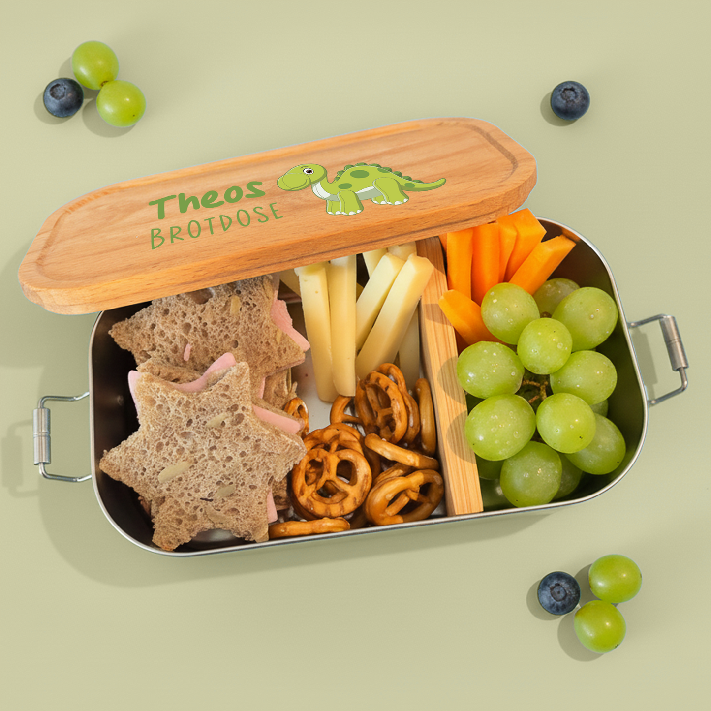 Brotdose | Edelstahl mit Bambus- oder Buchedeckel | 700 ml | Dino Brachiosaurus