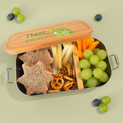 Brotdose | Edelstahl mit Bambus- oder Buchedeckel | 700 ml | Dino Brachiosaurus