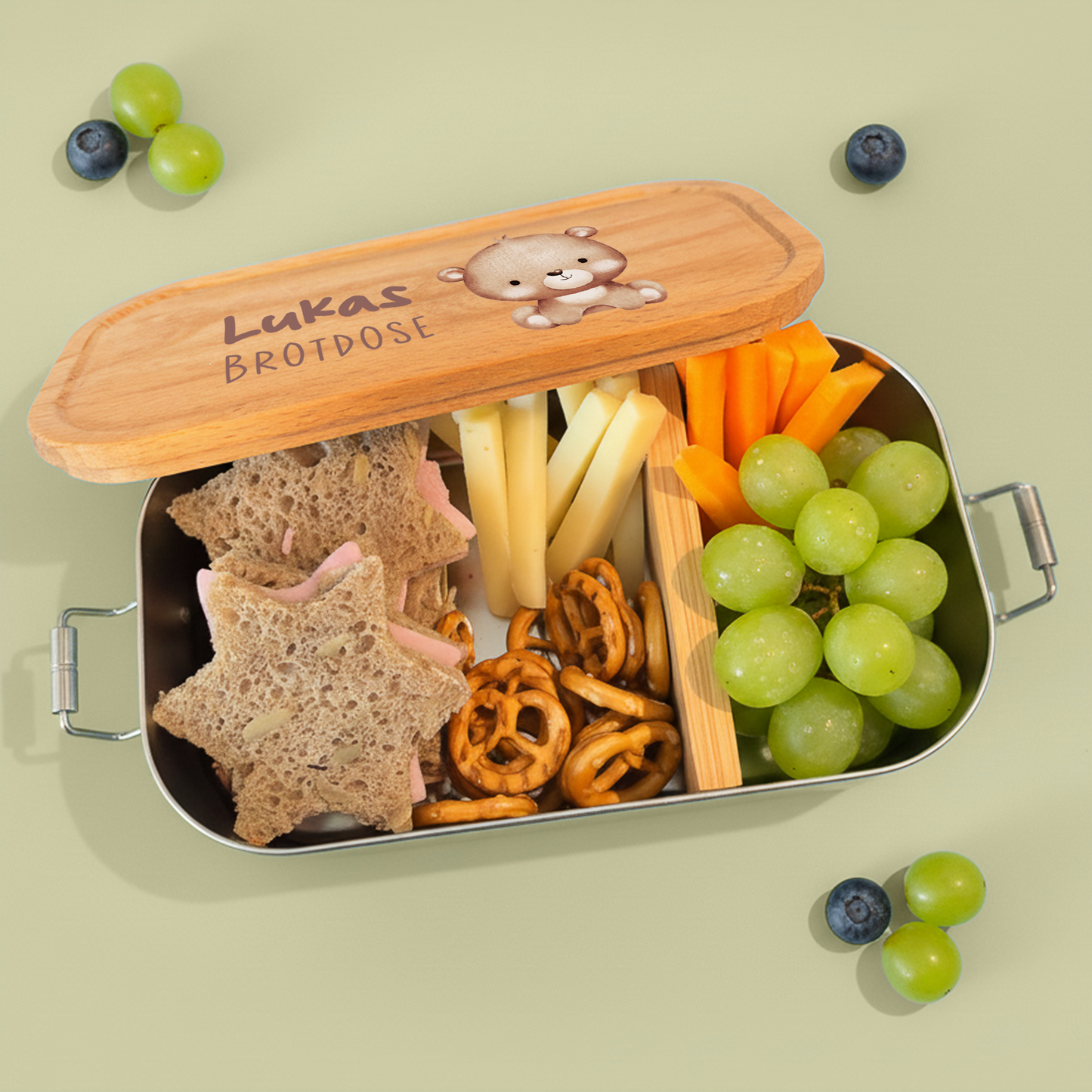 Brotdose | Edelstahl mit Bambus- oder Buchedeckel | 700 ml | Tierkinder Bär