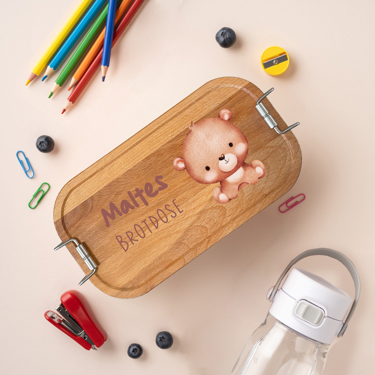 Brotdose | Edelstahl mit Bambus- oder Buchedeckel | 700 ml | Tierkinder Bär