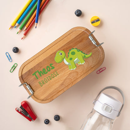 Brotdose | Edelstahl mit Bambus- oder Buchedeckel | 700 ml | Dino Brachiosaurus