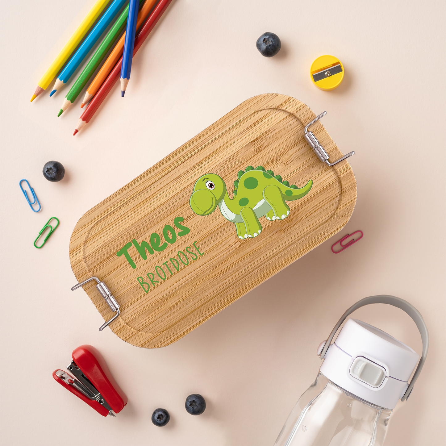 Brotdose | Edelstahl mit Bambusdeckel | 700 ml | Dino Brachiosaurus