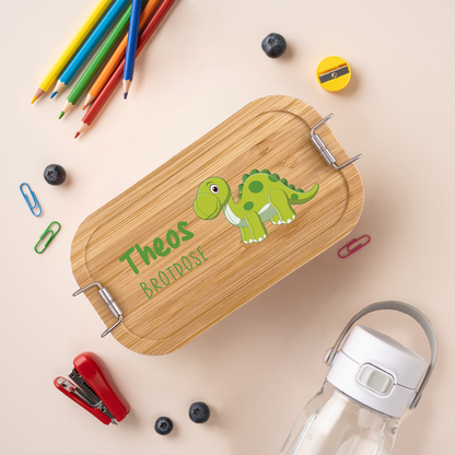 Brotdose | Edelstahl mit Bambusdeckel | 700 ml | Dino Brachiosaurus