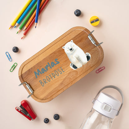 Brotdose | Edelstahl mit Bambus- oder Buchedeckel | 700 ml | Tierparty Eisbär