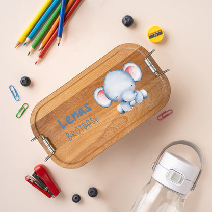 Brotdose | Edelstahl mit Bambus- oder Buchedeckel | 700 ml | Tierkinder Elefant