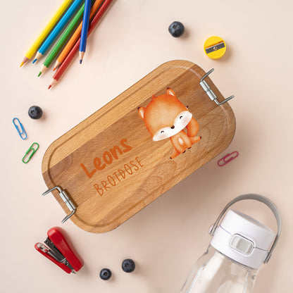 Brotdose | Edelstahl mit Bambus- oder Buchedeckel | 700 ml | Tierkinder Fuchs