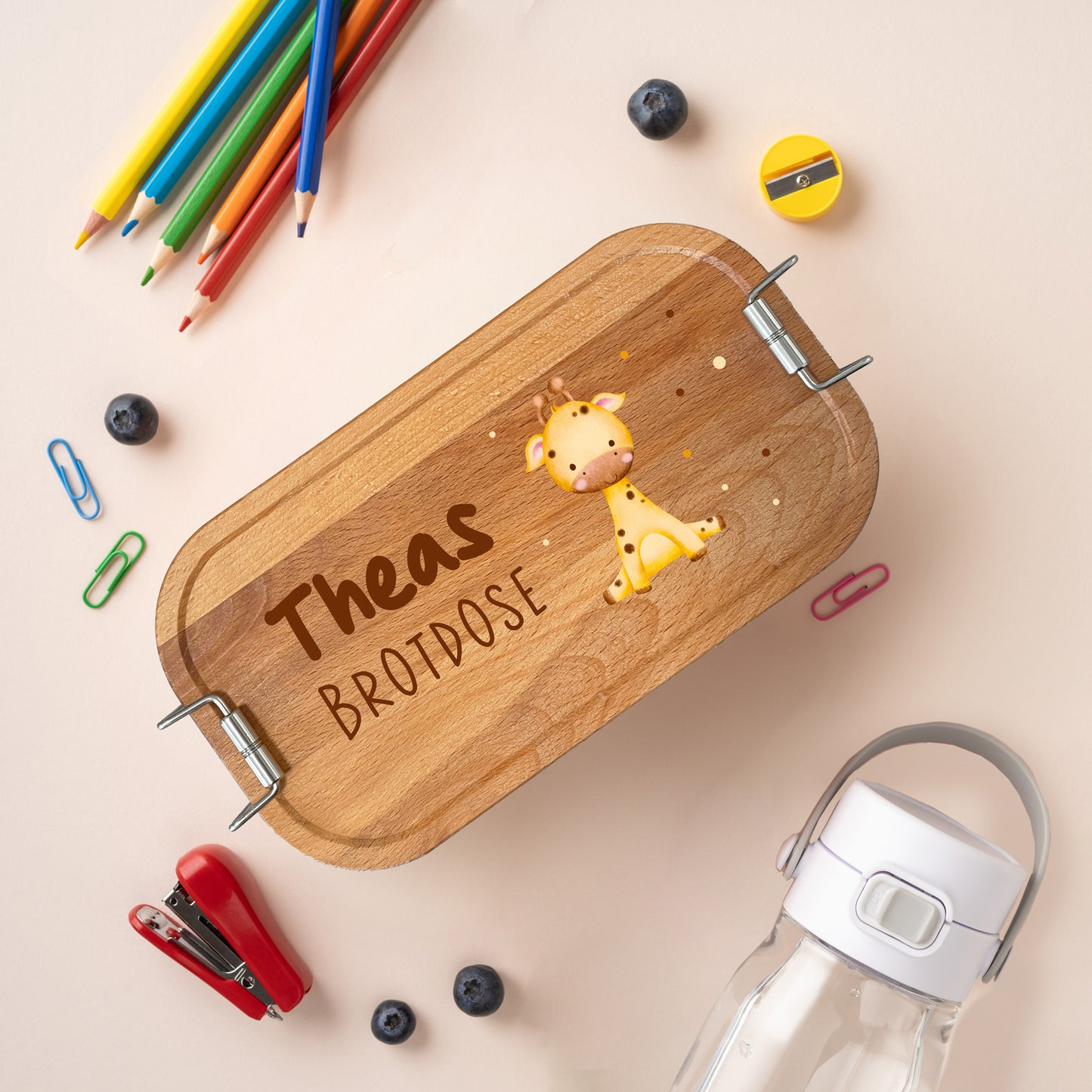 Brotdose | Edelstahl mit Bambus- oder Buchedeckel | 700 ml | Tierkinder Giraffe