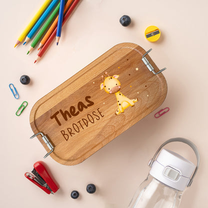 Brotdose | Edelstahl mit Bambus- oder Buchedeckel | 700 ml | Tierkinder Giraffe