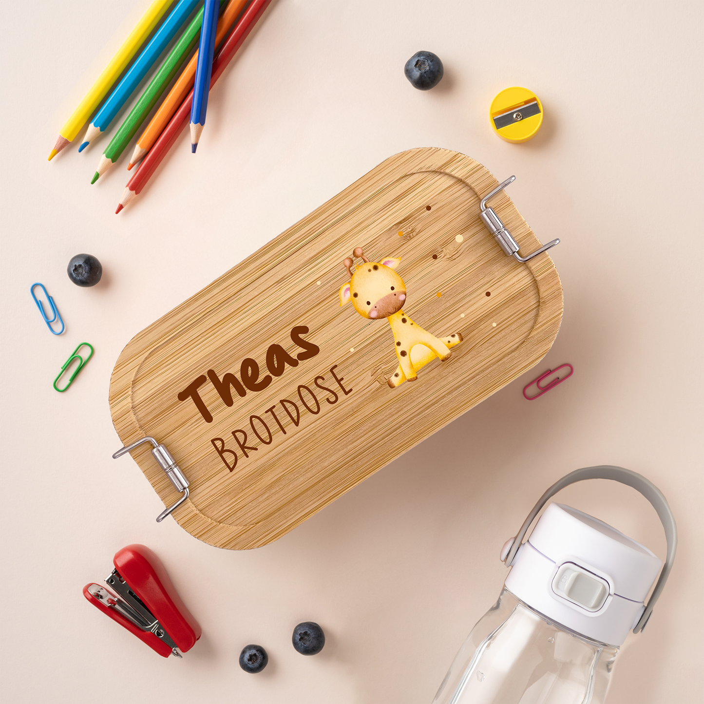 Brotdose | Edelstahl mit Bambusdeckel | 700 ml | Tierkinder Giraffe