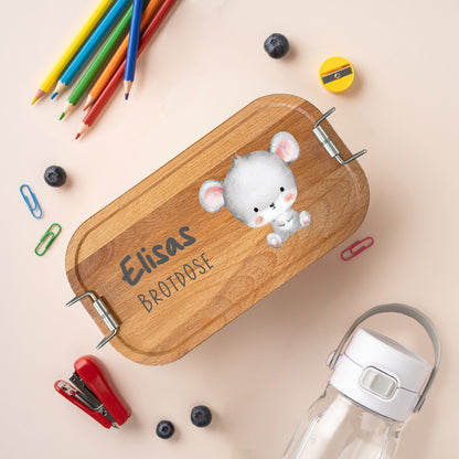 Brotdose | Edelstahl mit Bambus- oder Buchedeckel | 700 ml | Tierkinder Maus