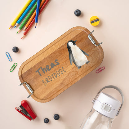 Brotdose | Edelstahl mit Bambus- oder Buchedeckel | 700 ml | Tierparty Pinguin