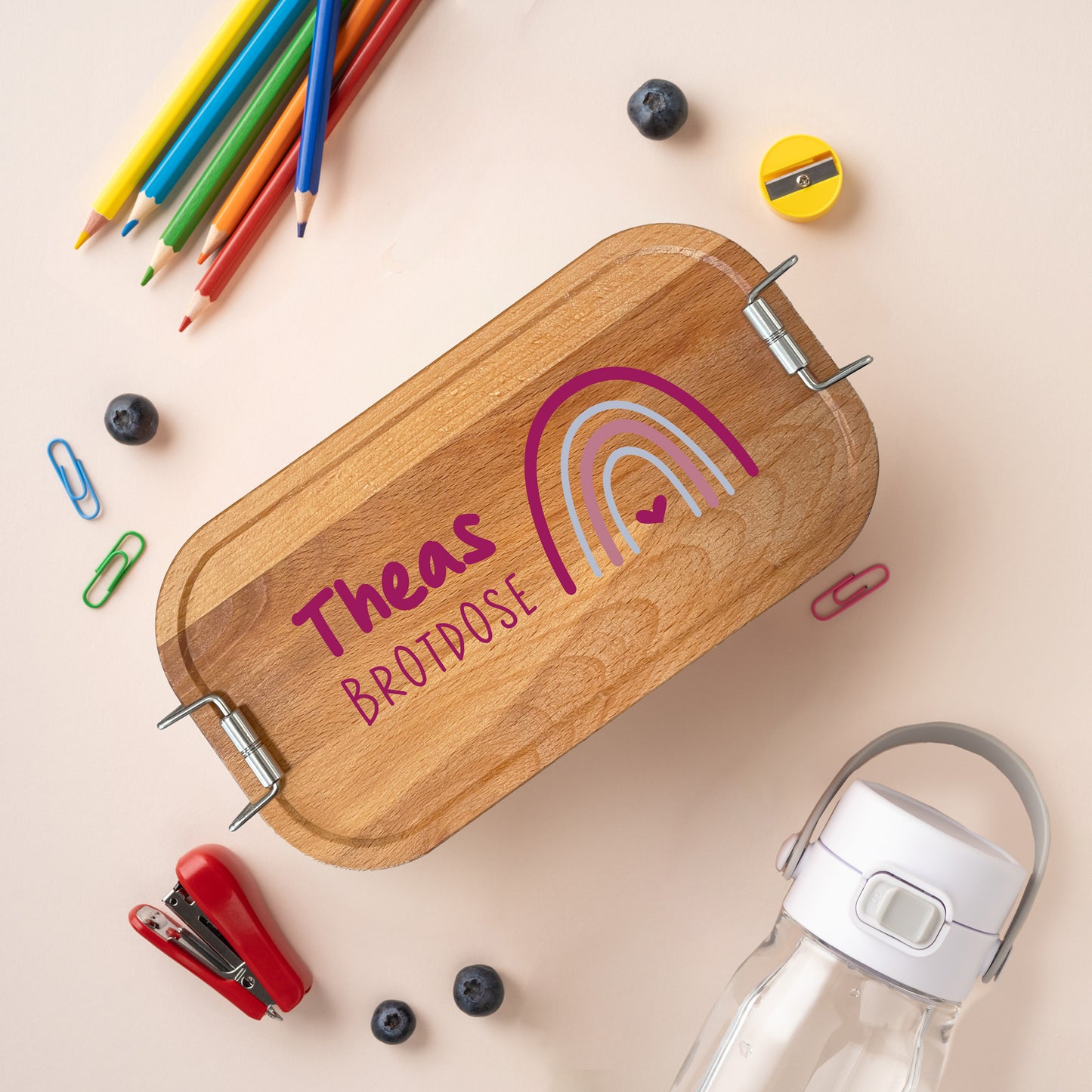 Brotdose | Edelstahl mit Bambus- oder Buchedeckel | 700 ml | Regenbogen Lila Herz