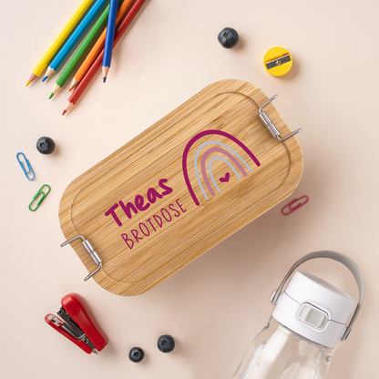 Brotdose | Edelstahl mit Bambusdeckel | 700 ml | Regenbogen Lila Herz