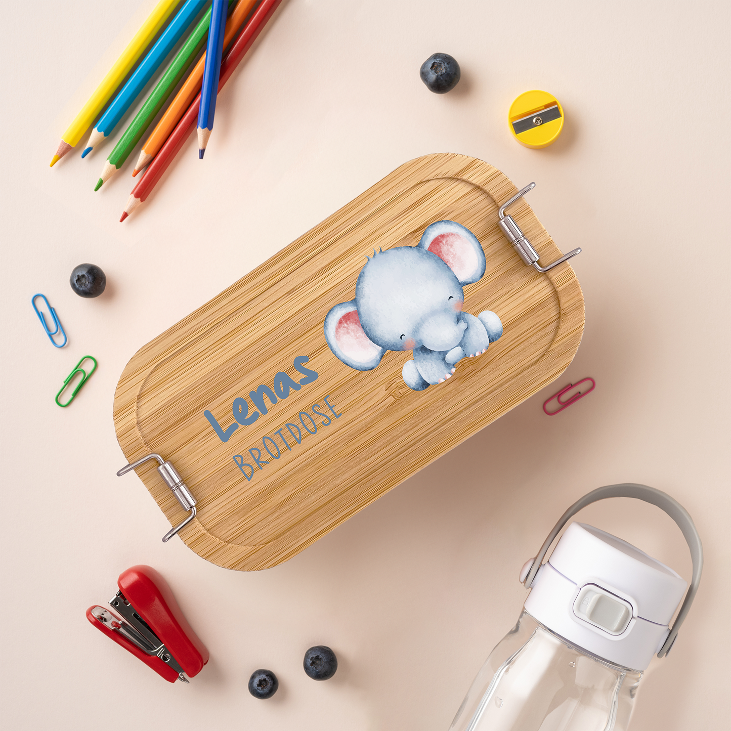 Brotdose | Edelstahl mit Bambusdeckel | 700 ml | Tierkinder Elefant